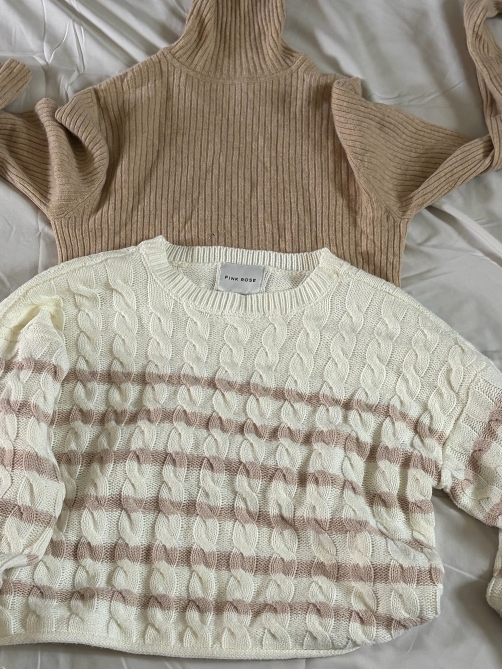 Pink Rose Cream Cable Knit Sweater with Beige Stripe and Ribbed Turtleneck